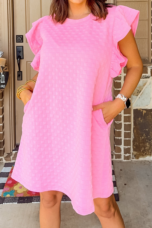 Pink Textured Ruffled Sleeve Shift Summer Dress with Pockets Mini Dresses JT's Designer Fashion