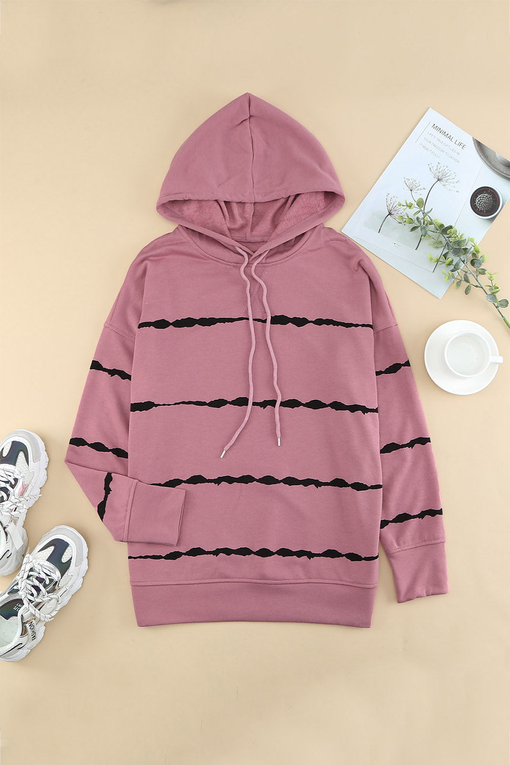 Pink Tie-dye Striped Drawstring Hoodie with Side Split Tops Sweatshirts & Hoodies JT's Designer Fashion