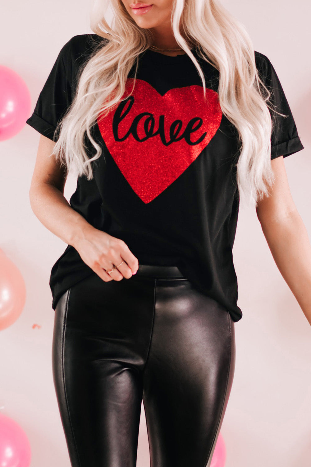 Black Love Heart Shaped Glitter Print T Shirt Graphic Tees JT's Designer Fashion