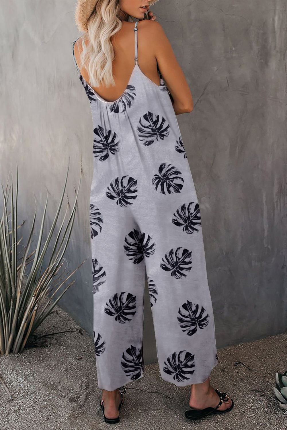 Gray Palm Leaves Print Spaghetti Strap Wide Leg jumpsuit Jumpsuits & Rompers JT's Designer Fashion