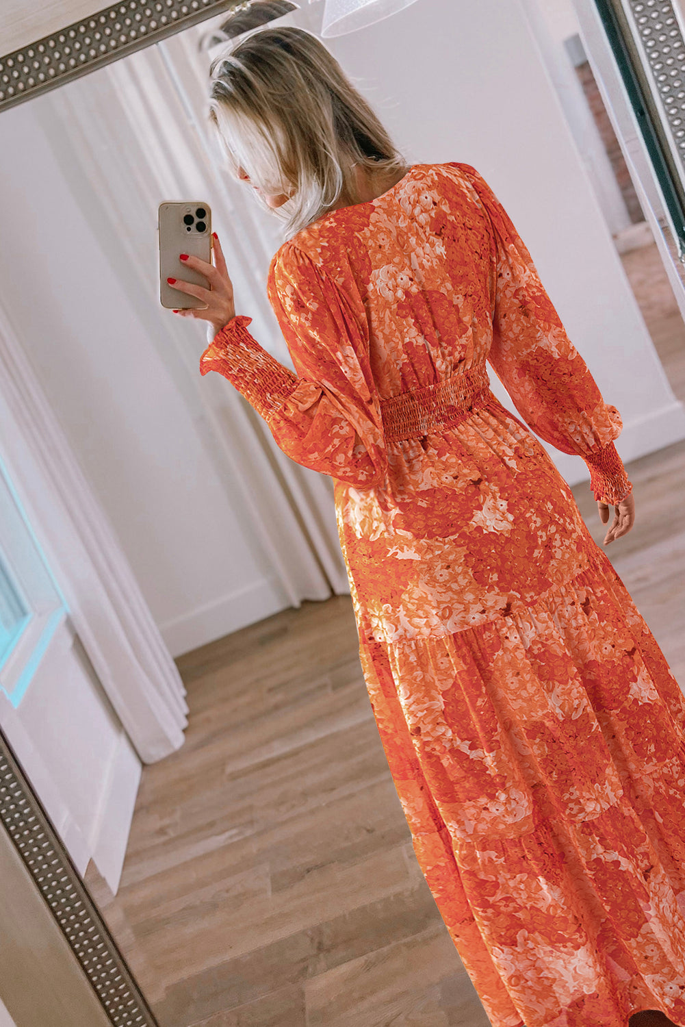 Orange Boho Floral Bishop Sleeve V Neck Tiered Maxi Dress Maxi Dresses JT's Designer Fashion