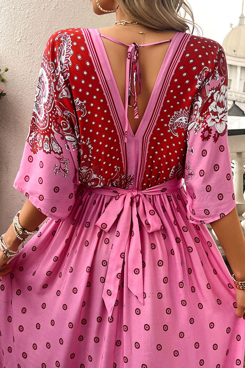 Pink Floral Print Knotted Open Back High Waist Maxi Dress Maxi Dresses JT's Designer Fashion