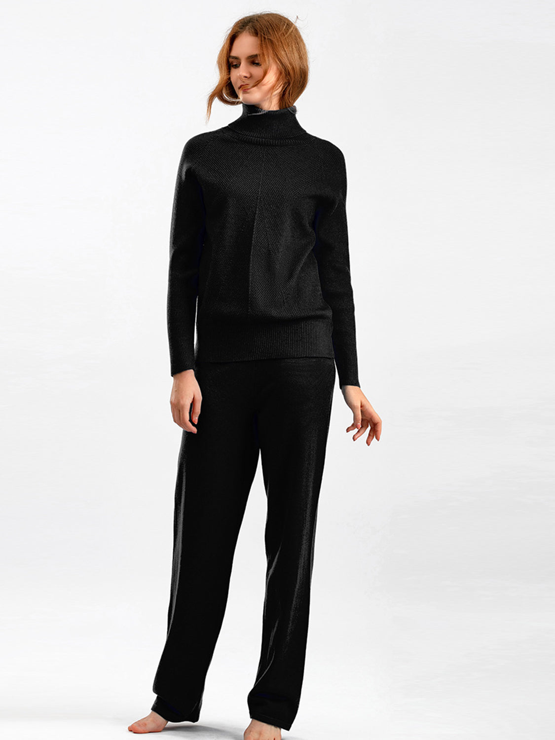 Turtleneck Raglan Sleeve Top and Pants Sweater Set Black One Size Pant Sets JT's Designer Fashion