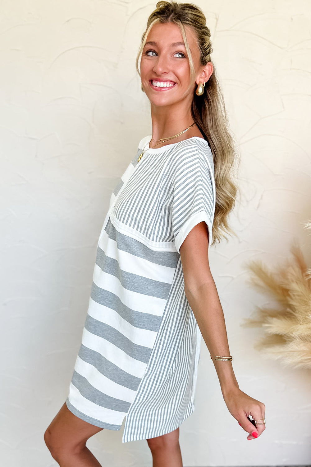 Gray Stripe Mixed Printed Short Sleeve Shift Mini T Shirt Dress T Shirt Dresses JT's Designer Fashion