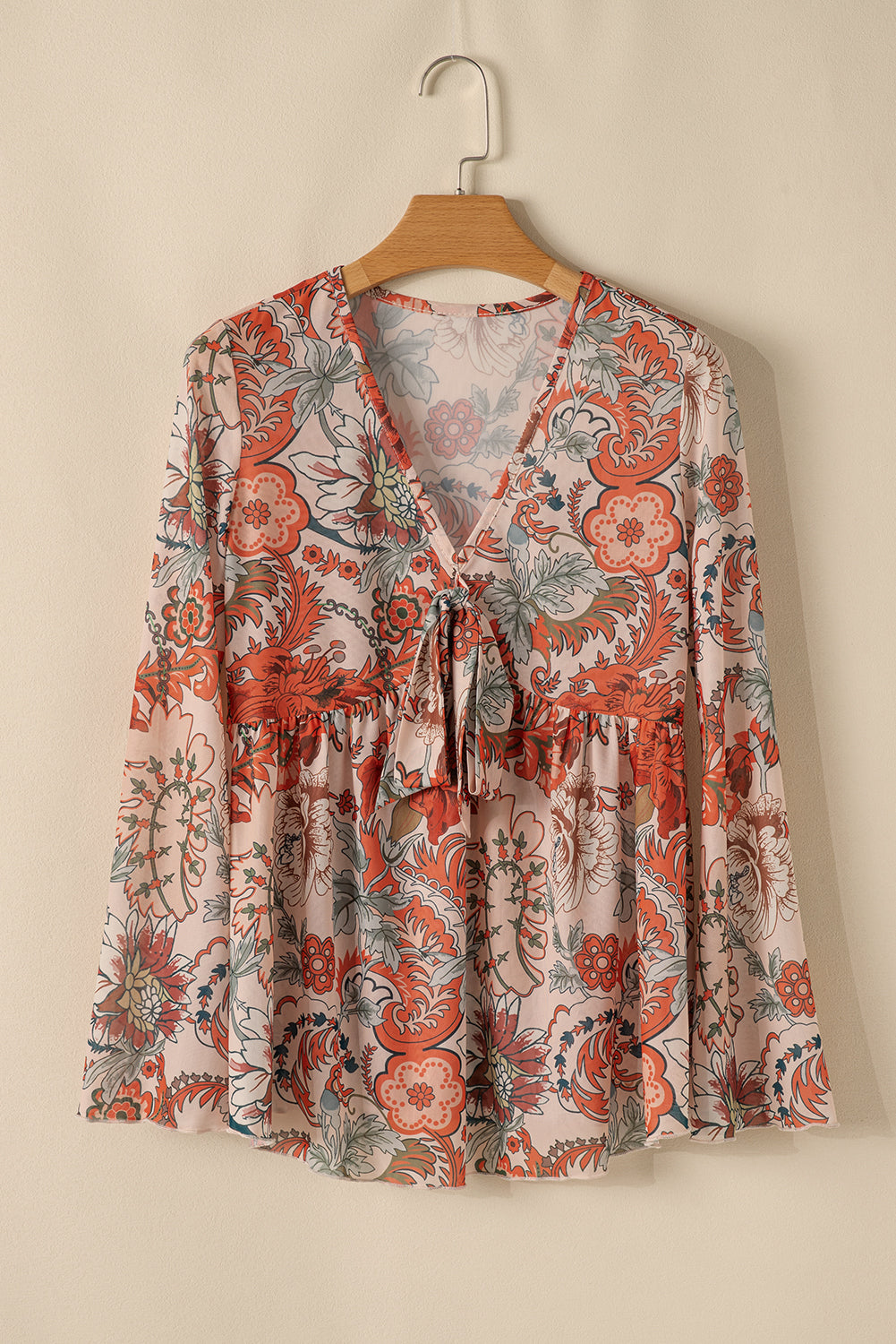 Orange Floral Print Deep V Neck Knot Bell Sleeve Blouse Blouses & Shirts JT's Designer Fashion