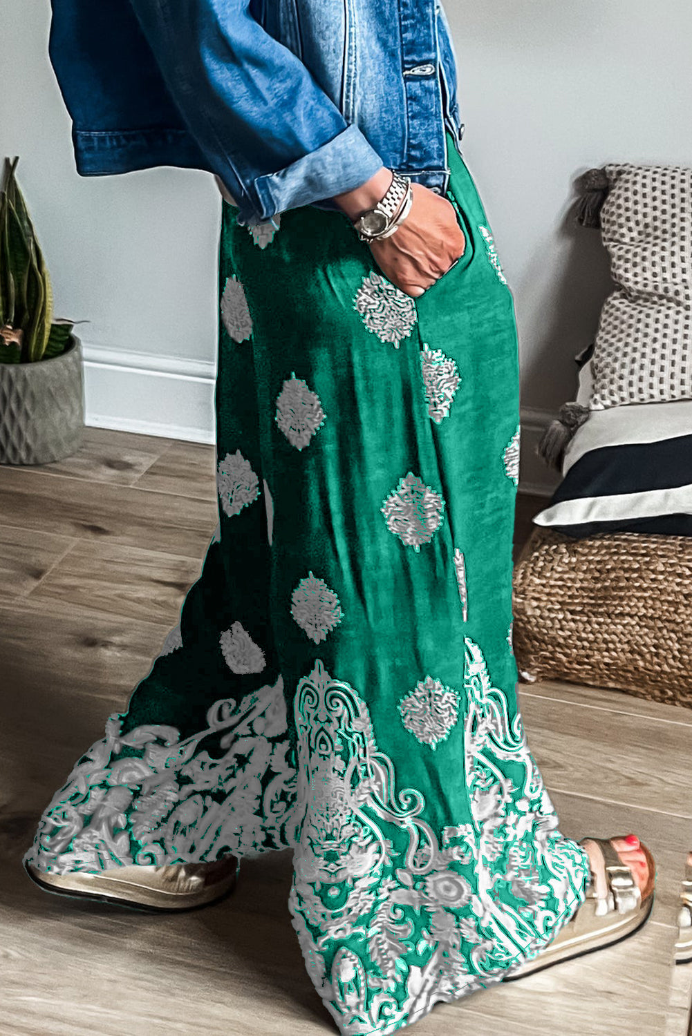Green Bohemian Printed Drawstring Waist Wide Leg Pants Bottoms JT's Designer Fashion