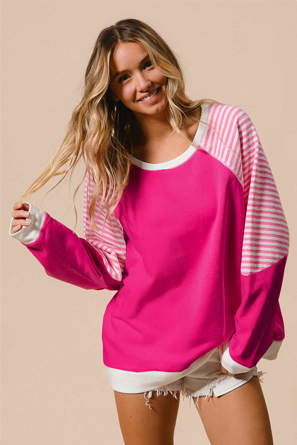 Strawberry Pink Striped Patchwork Crew Neck Raglan Sleeve Top Long Sleeve Tops JT's Designer Fashion