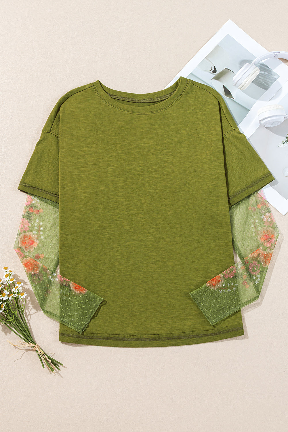 Fern Green Faux Two Piece Floral Long Sleeve Patchwork Tee Long Sleeve Tops JT's Designer Fashion