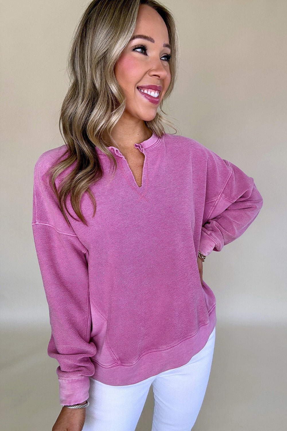 Bright Pink Solid Color Notched Neck Drop Shoulder Sweatshirt Sweatshirts & Hoodies JT's Designer Fashion