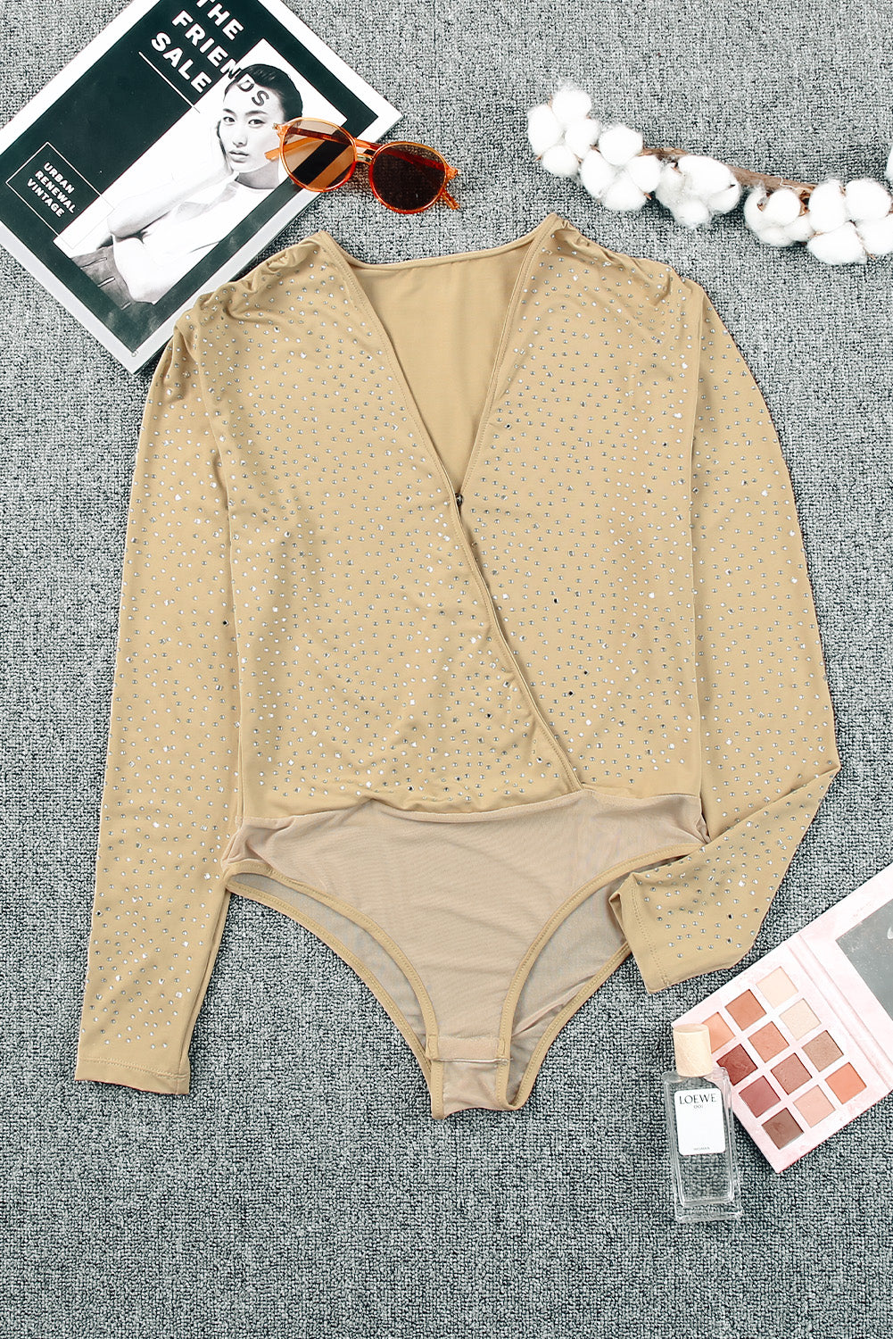 Khaki Rhinestone Surplice V Neck Long Sleeve Bodysuit Bodysuits JT's Designer Fashion