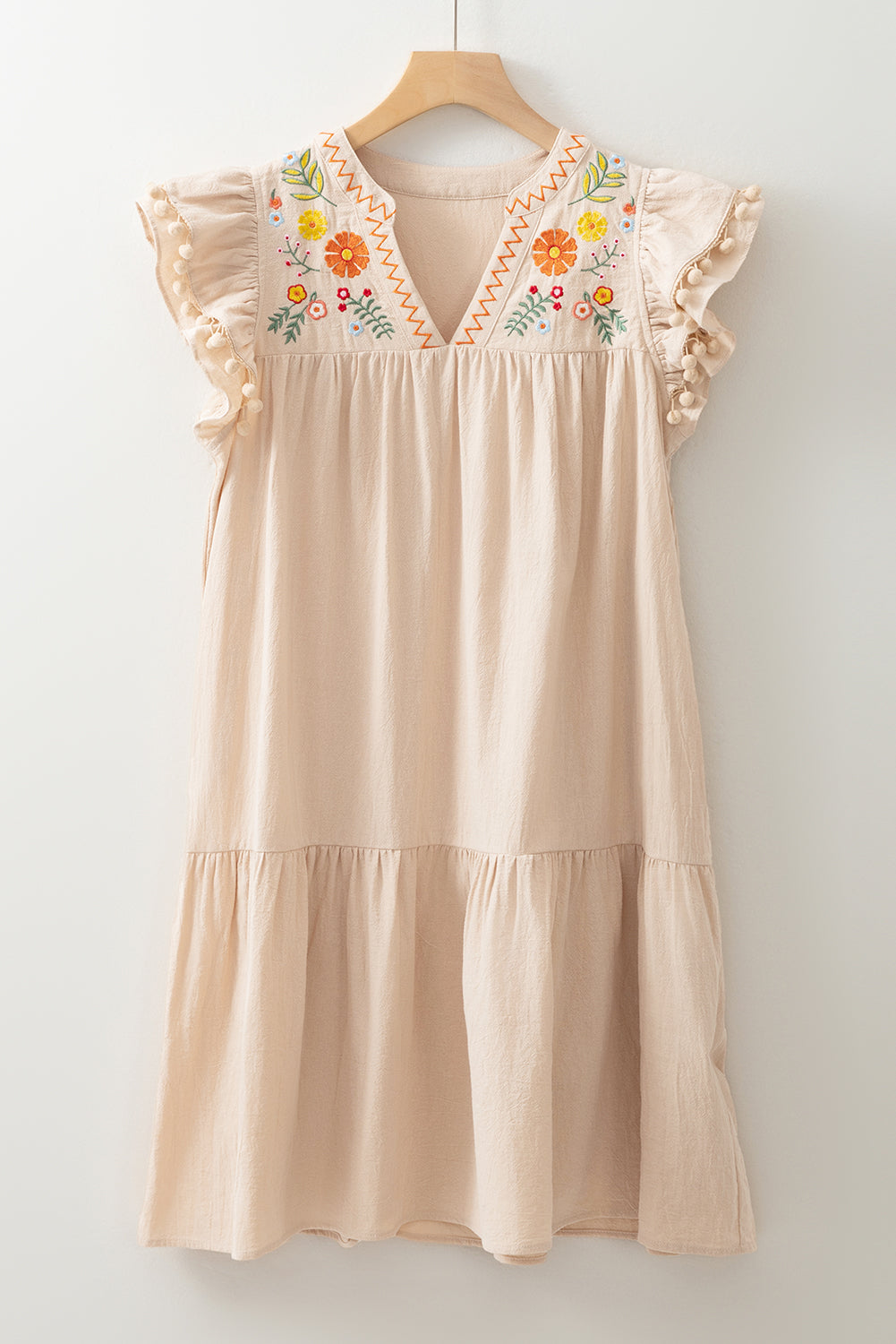Jet Stream Linen Embroidery Split Neck Pom Pom Ruffle Sleeves Flowy Short Dress Mini Dresses JT's Designer Fashion
