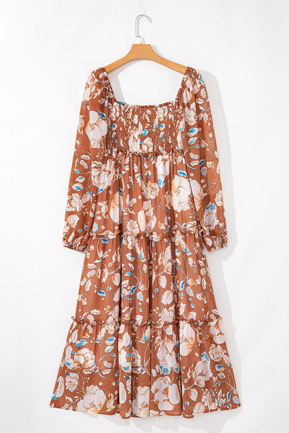 Brown Floral Print Shirred Square Neck High Waist Maxi Dress Maxi Dresses JT's Designer Fashion