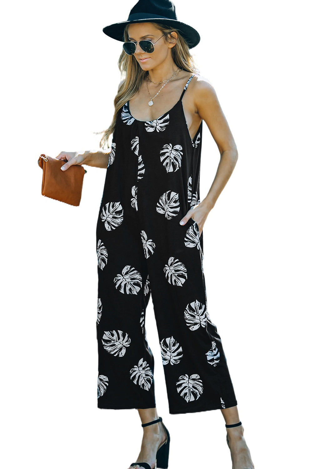 Black Palm Leaves Print Spaghetti Strap Wide Leg Jumpsuit Jumpsuits & Rompers JT's Designer Fashion