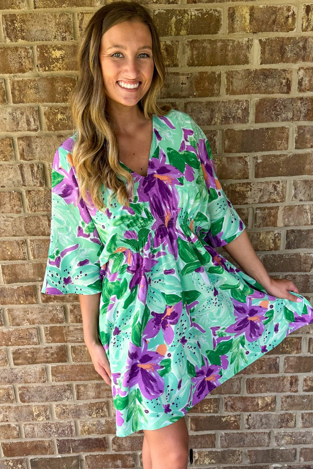 Green Boho Floral Half Sleeve V Neck Shirred Waist Mini Dress Floral Dresses JT's Designer Fashion