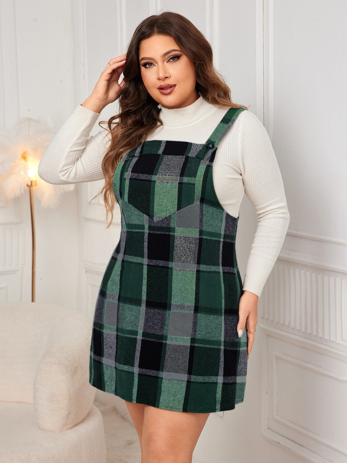 Plus Size Plaid Wide Strap Overall Dress Mini Dresses JT's Designer Fashion