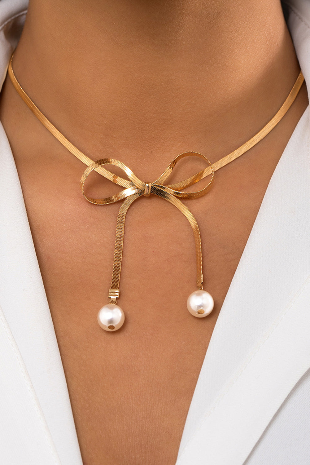 Gold Pearly Bow Collarbone Necklace Jewelry JT's Designer Fashion