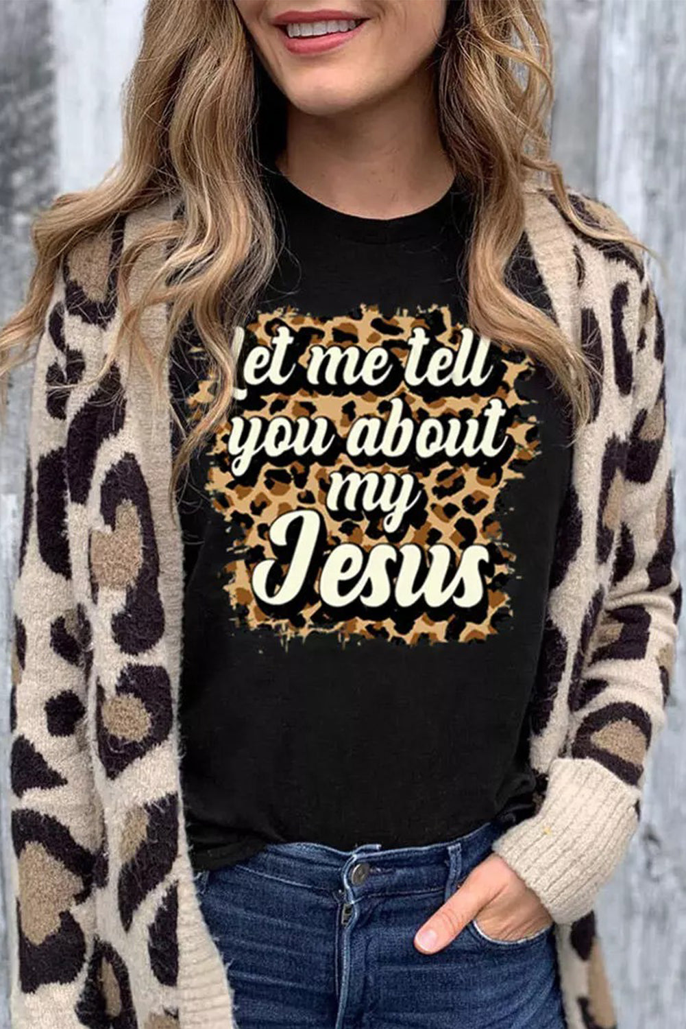 Black Let Me Tell You About My Jesus Leopard Graphic Tee Graphic Tees JT's Designer Fashion