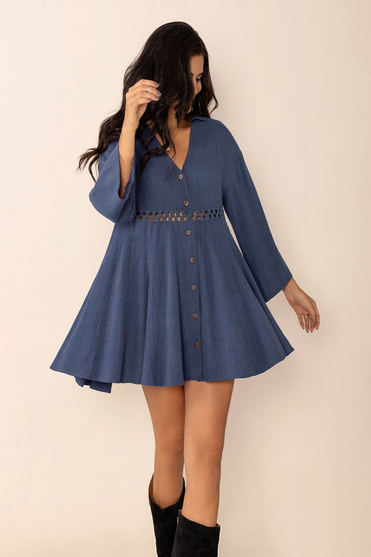 Cutout Johnny Collar Long Sleeve Mini Dress Dusty Blue Mini Dresses JT's Designer Fashion