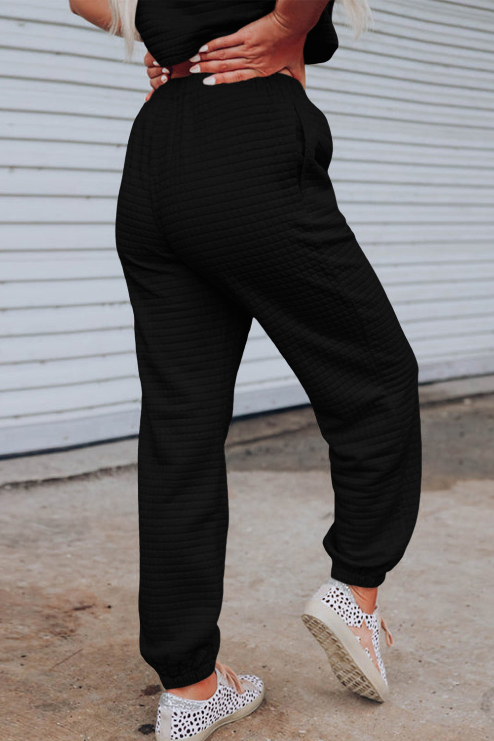 Black Lattice Textured Cropped Tee and Jogger Pants Set Bottoms JT's Designer Fashion