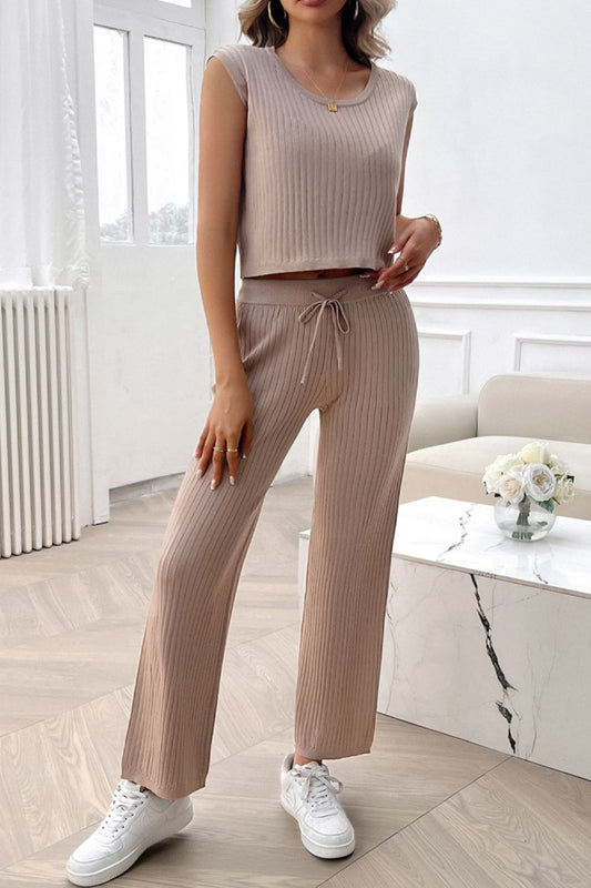 Ribbed Round Neck Top and Pants Set Taupe Pant Sets JT's Designer Fashion