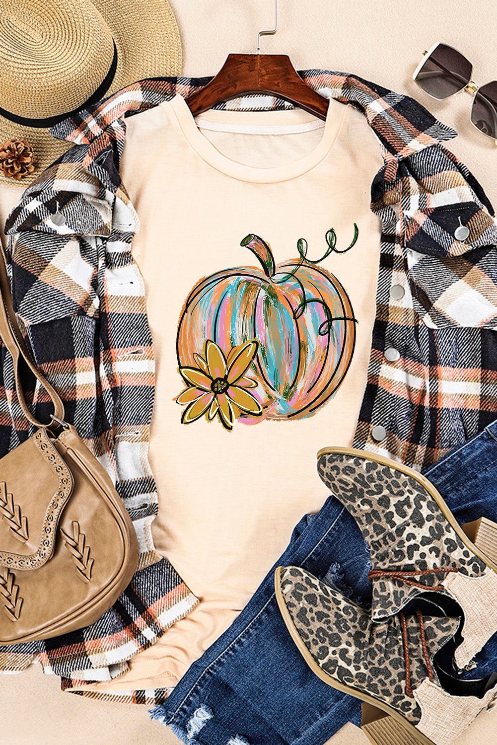 Khaki Pumpkin with Flower Graphic T Shirt Graphic Tees JT's Designer Fashion