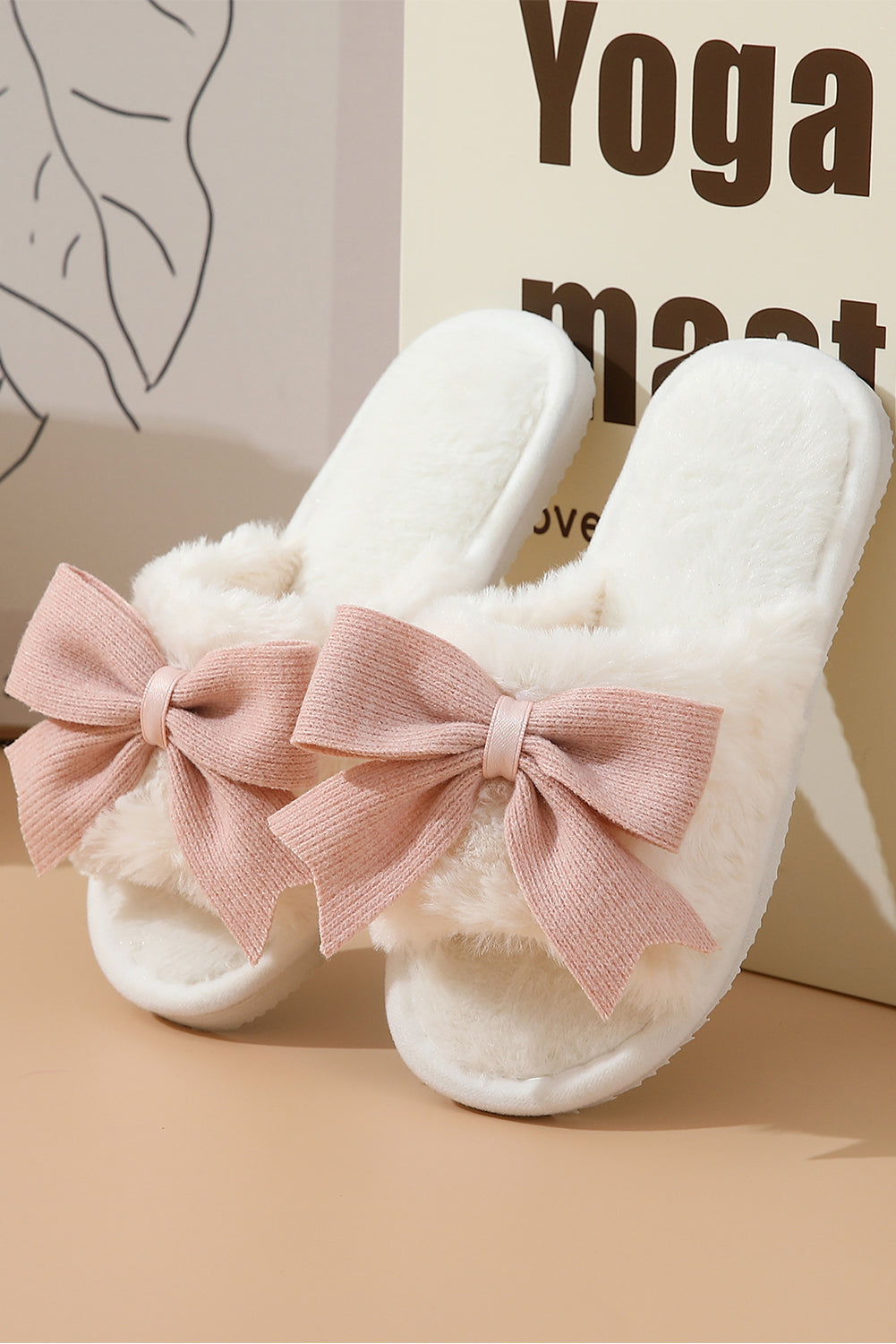 White Bow Knot Decor Open Toe Plush Slippers Slippers JT's Designer Fashion