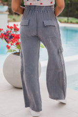 Medium Grey Textured Multi Pockets Drawstring Waist Wide Leg Pants Bottoms JT's Designer Fashion