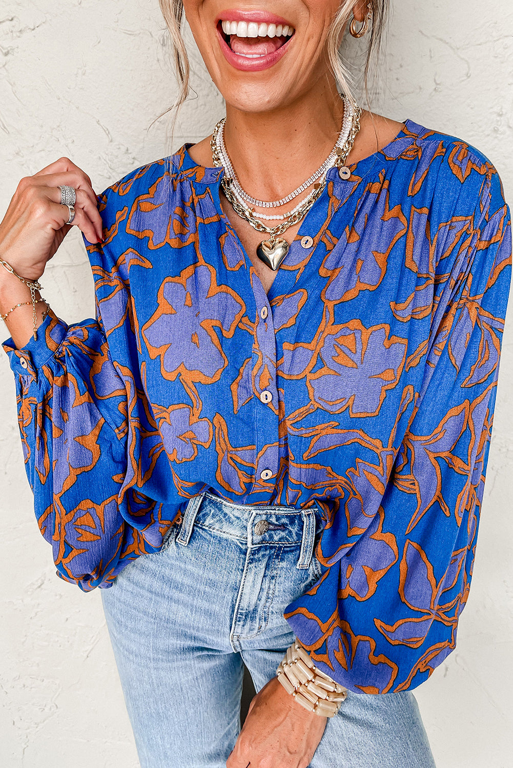 Blue Floral Print Batwing Sleeve Buttoned Loose Fit Shirt Blouses & Shirts JT's Designer Fashion