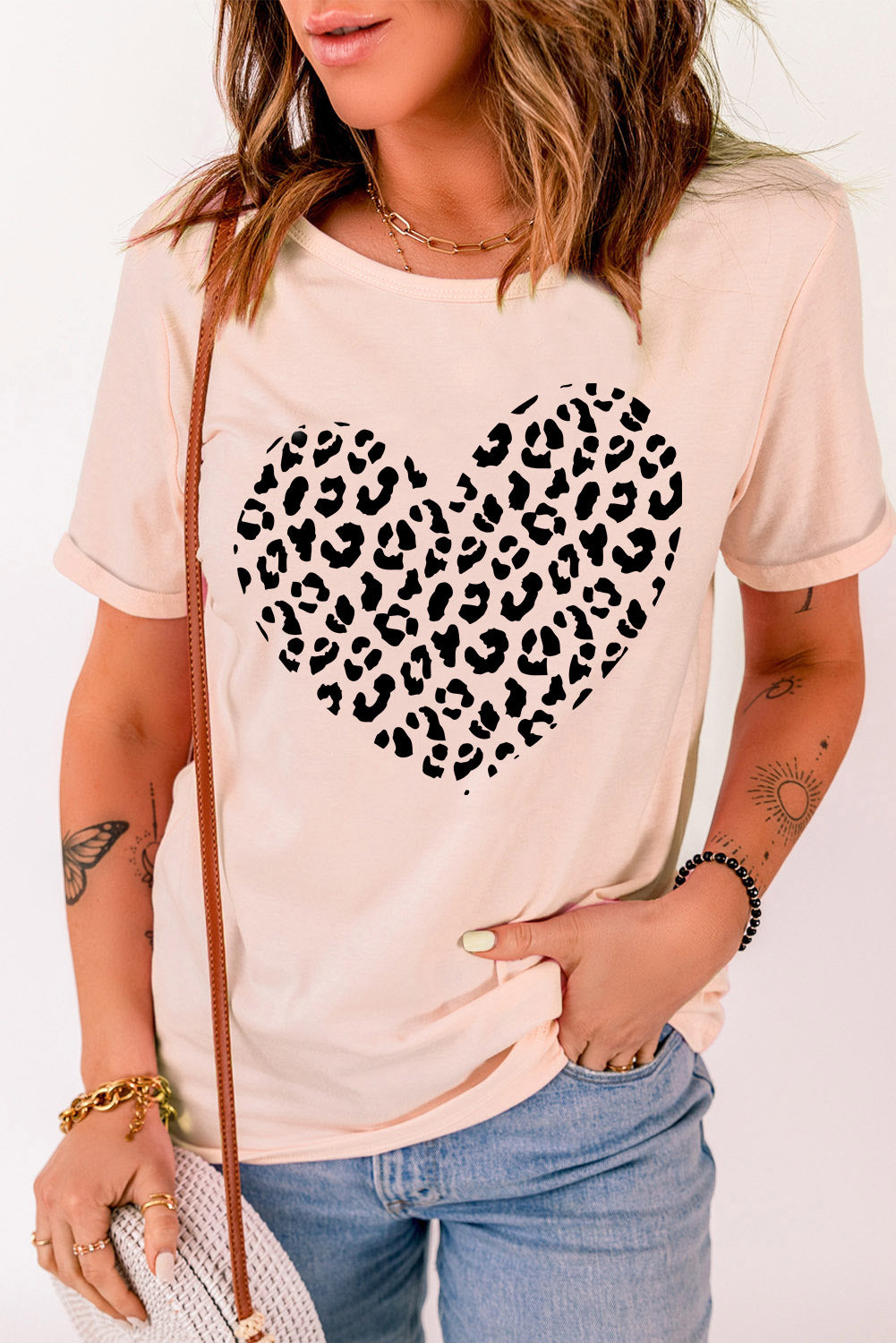 Pink Leopard Heart Shaped Print Crew Neck Graphic Tee Graphic Tees JT's Designer Fashion