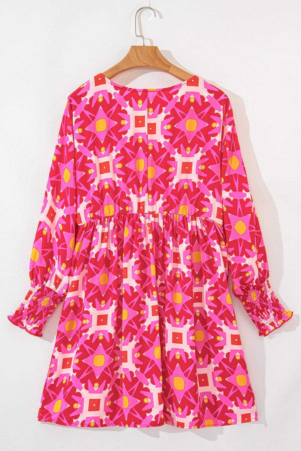 Strawberry Pink Geometric Print Smocked Long Sleeve Mini Dress Mini Dresses JT's Designer Fashion