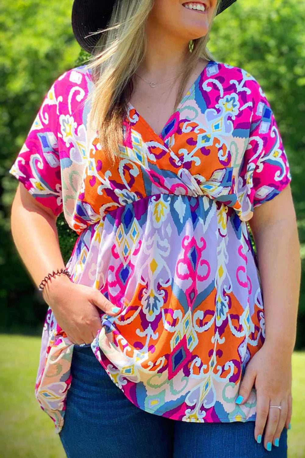 Multicolour Dreamy Print Wrap V Neck Plus Babydoll Blouse Plus Size JT's Designer Fashion