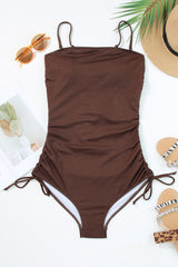 Coffee Ribbed Drawstring Sides Cutout One Piece Swimsuit Swimwear JT's Designer Fashion