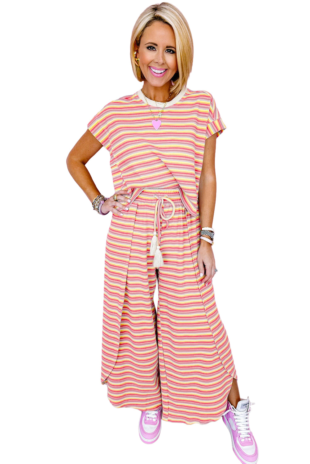 Yellow Stripe Rainbow Tee Tasseled String Wide Leg Pants Set Tops & Tees JT's Designer Fashion