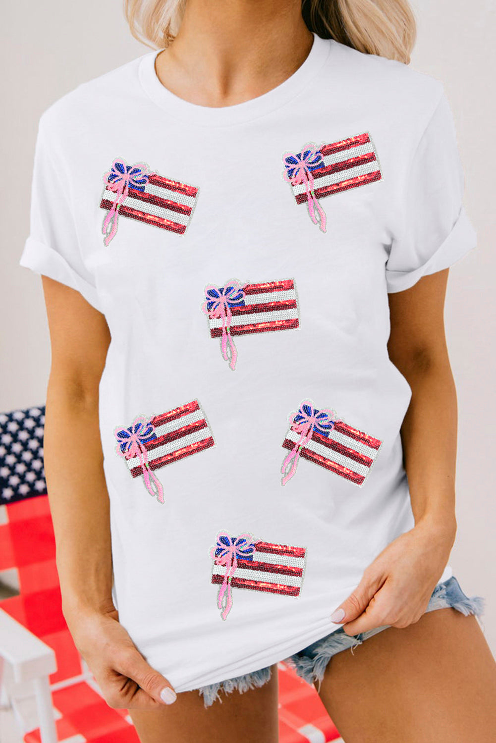 White Sequin Bow American Flag Patched T Shirt Graphic Tees JT's Designer Fashion