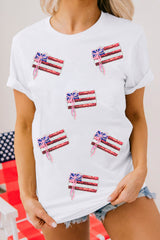 White Sequin Bow American Flag Patched T Shirt Graphic Tees JT's Designer Fashion