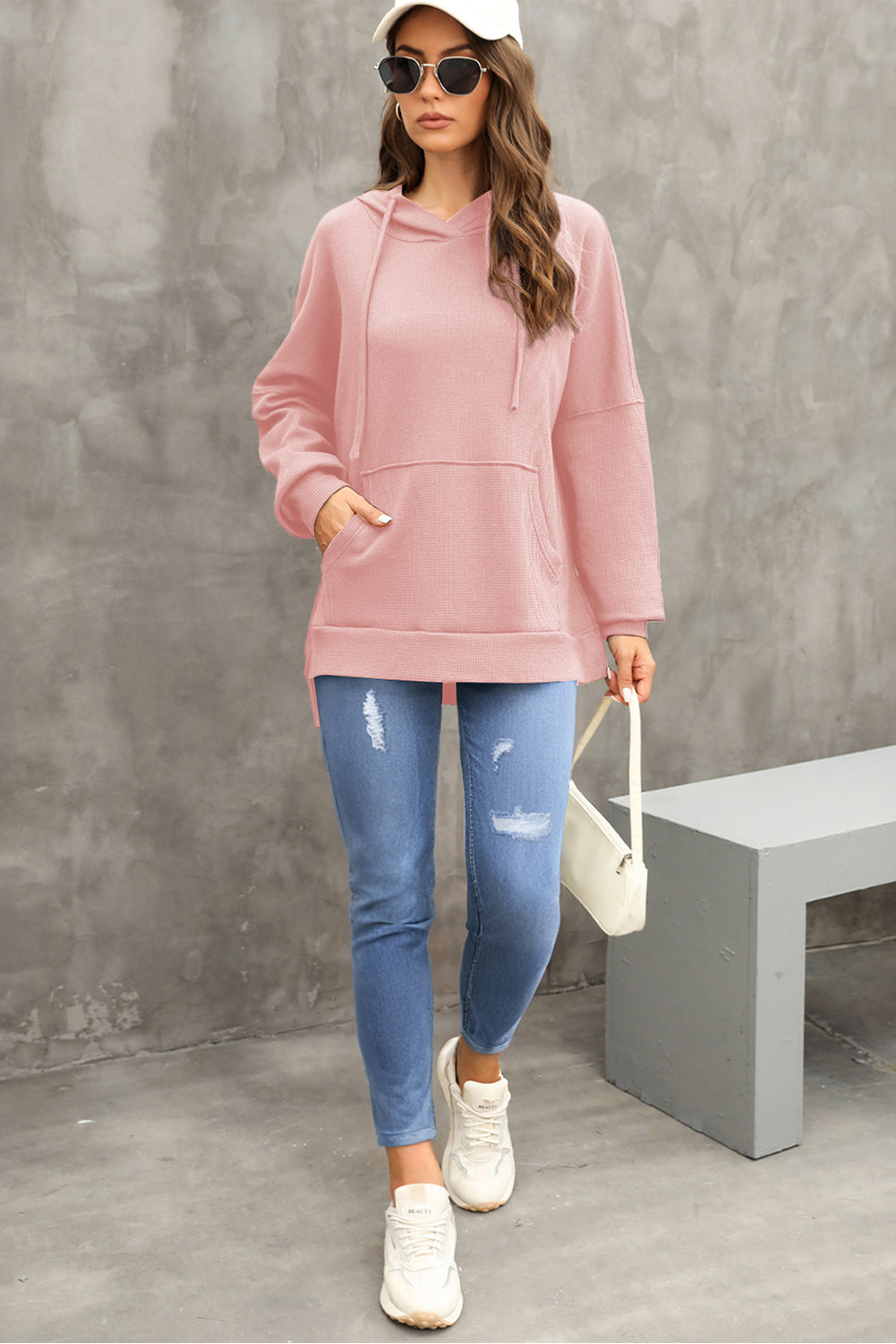 Light Pink Waffle Knit Fleece Lined High Low Oversized Hoodie Sweatshirts & Hoodies JT's Designer Fashion