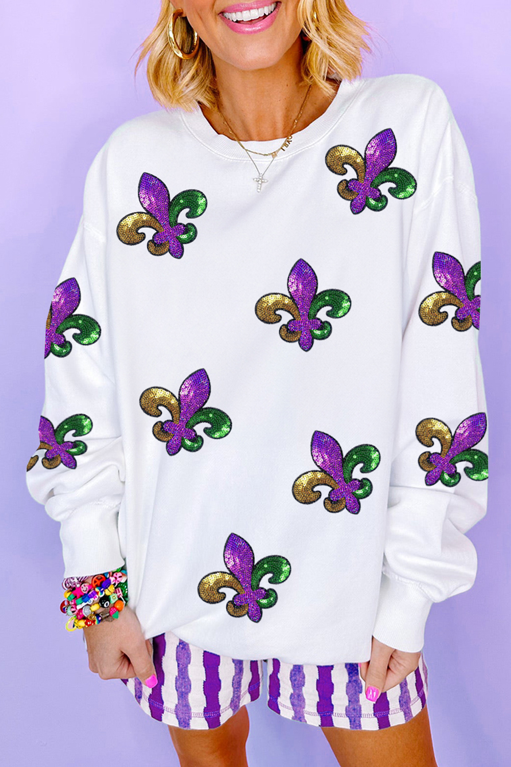 White Fleur De Lis Sequin Patched Graphic Drop Shoulder Sweatshirt Graphic Sweatshirts JT's Designer Fashion