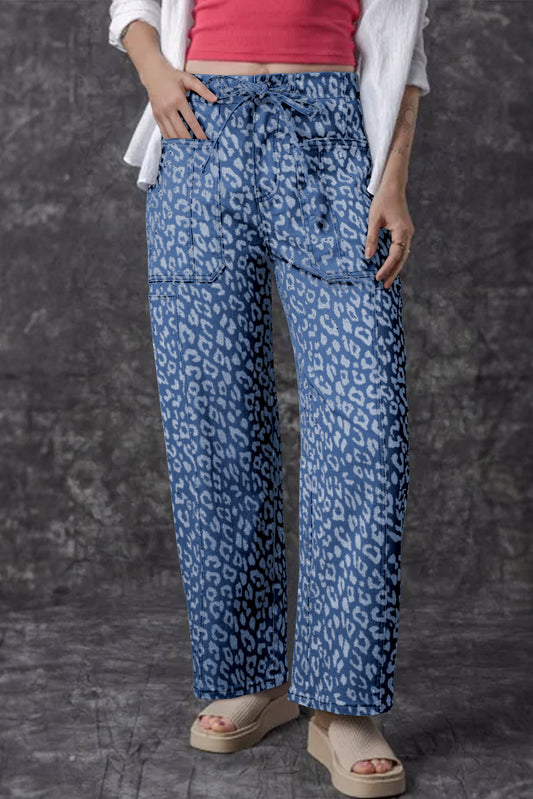 Blue Leopard Printed Drawstring Waist Pocketed Wide Leg Jeans Bottoms JT's Designer Fashion
