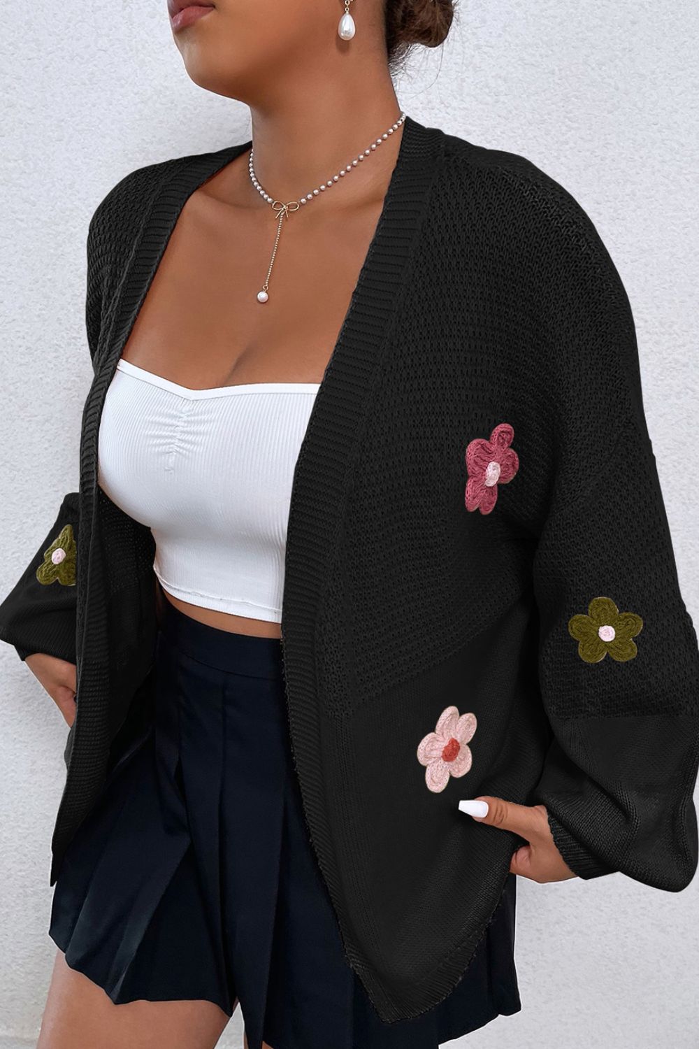 Floral Applique Drop Shoulder Open Front Cardigan Black Long Sleeve Tops JT's Designer Fashion