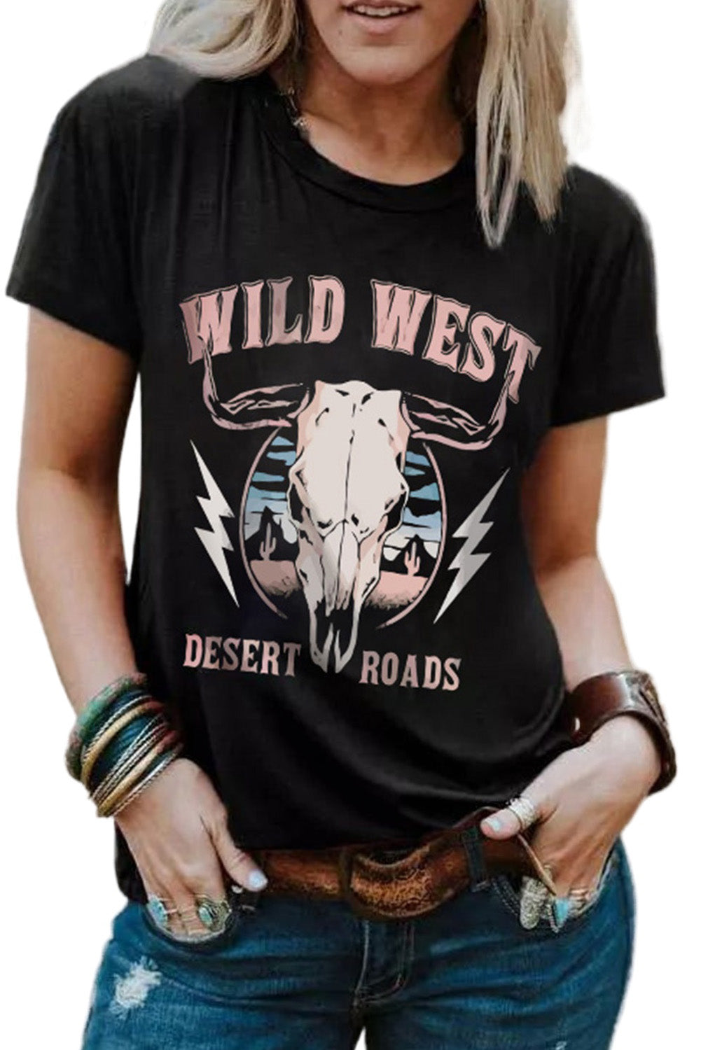 Black Wild West Desert Roads Steer Head Graphic Tee Graphic Tees JT's Designer Fashion