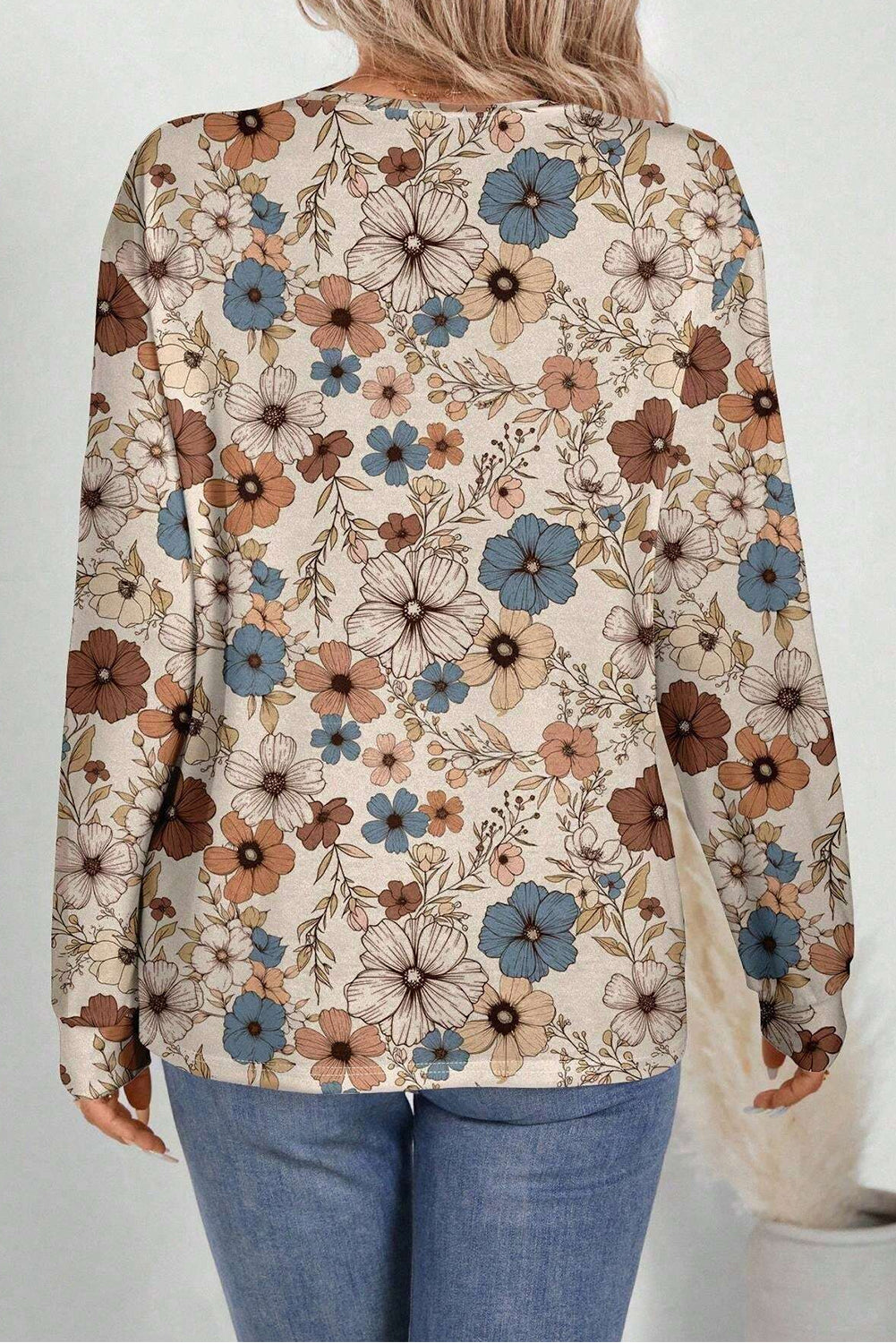 Khaki Floral Print Loose Crew Neck Long Sleeve T Shirt Long Sleeve Tops JT's Designer Fashion