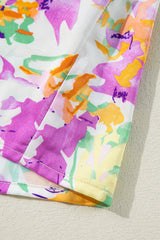 Purple Abstract Printed Ruffled Short Sleeve Notched Neck Blouse Blouses & Shirts JT's Designer Fashion