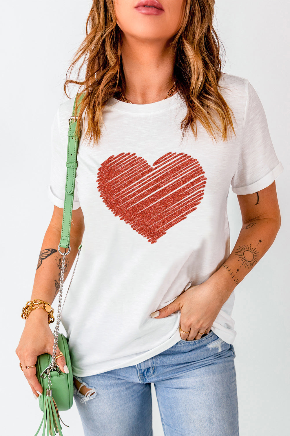 White Heart Shape Glitter Patter Graphic T Shirt Graphic Tees JT's Designer Fashion