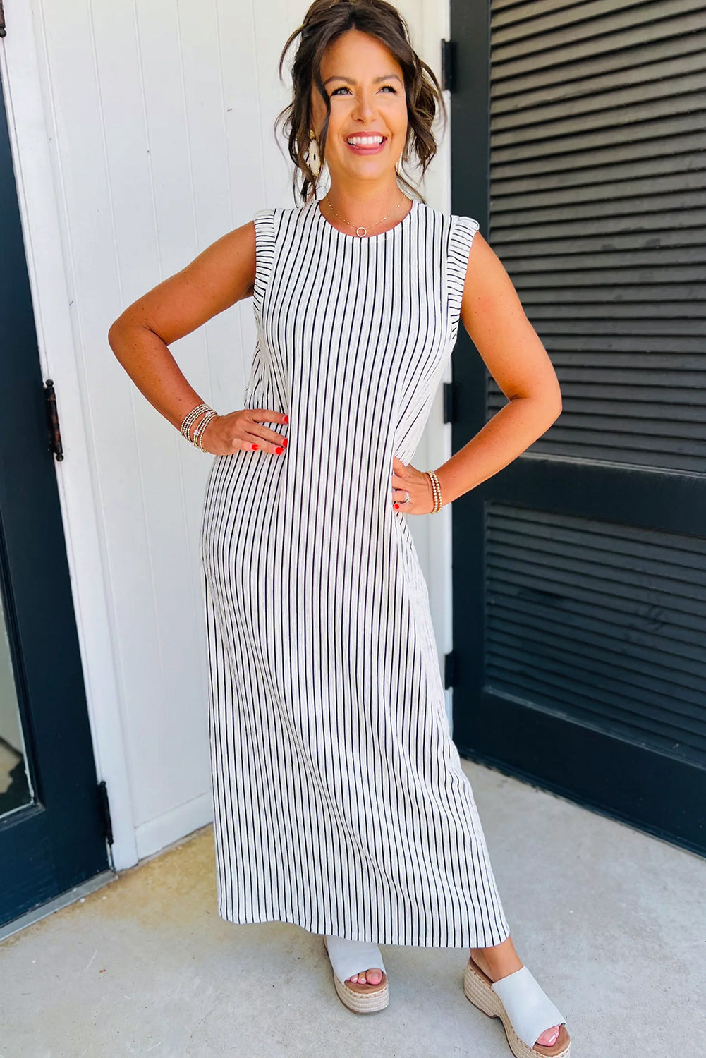 Black White Striped Vest Shift Maxi Dress Maxi Dresses JT's Designer Fashion