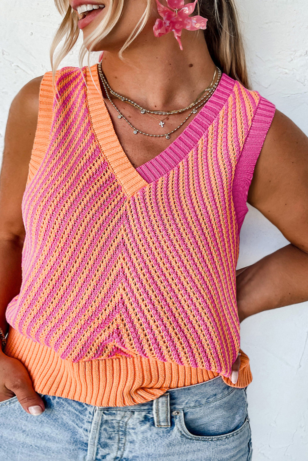 Strawberry Pink Colorblock V Neck Knit Tank Top Plus Size JT's Designer Fashion