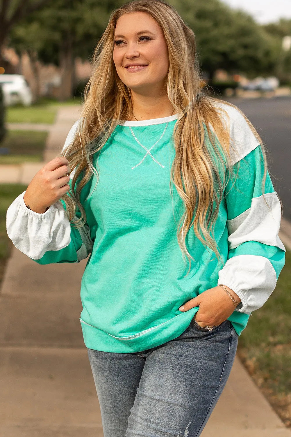 Plus Size Exposed Seam Color Block Long Sleeve Sweatshirt Long Sleeve Tops JT's Designer Fashion