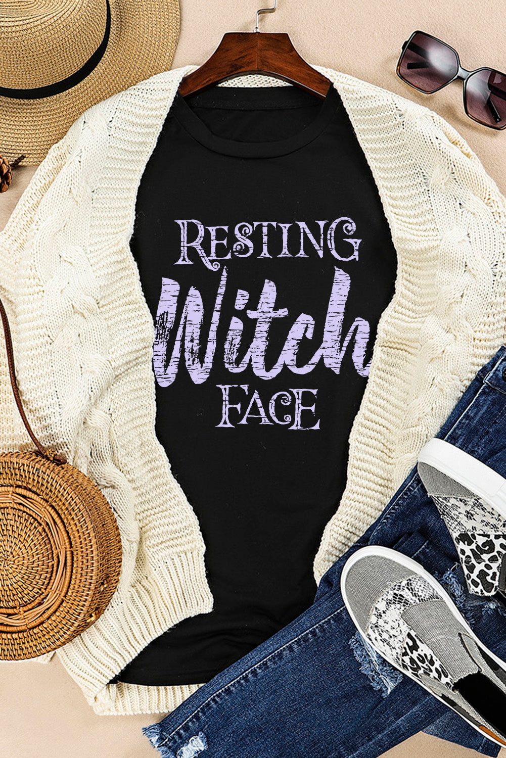 Black Resting Witch Face Graphic Tee Graphic Tees JT's Designer Fashion