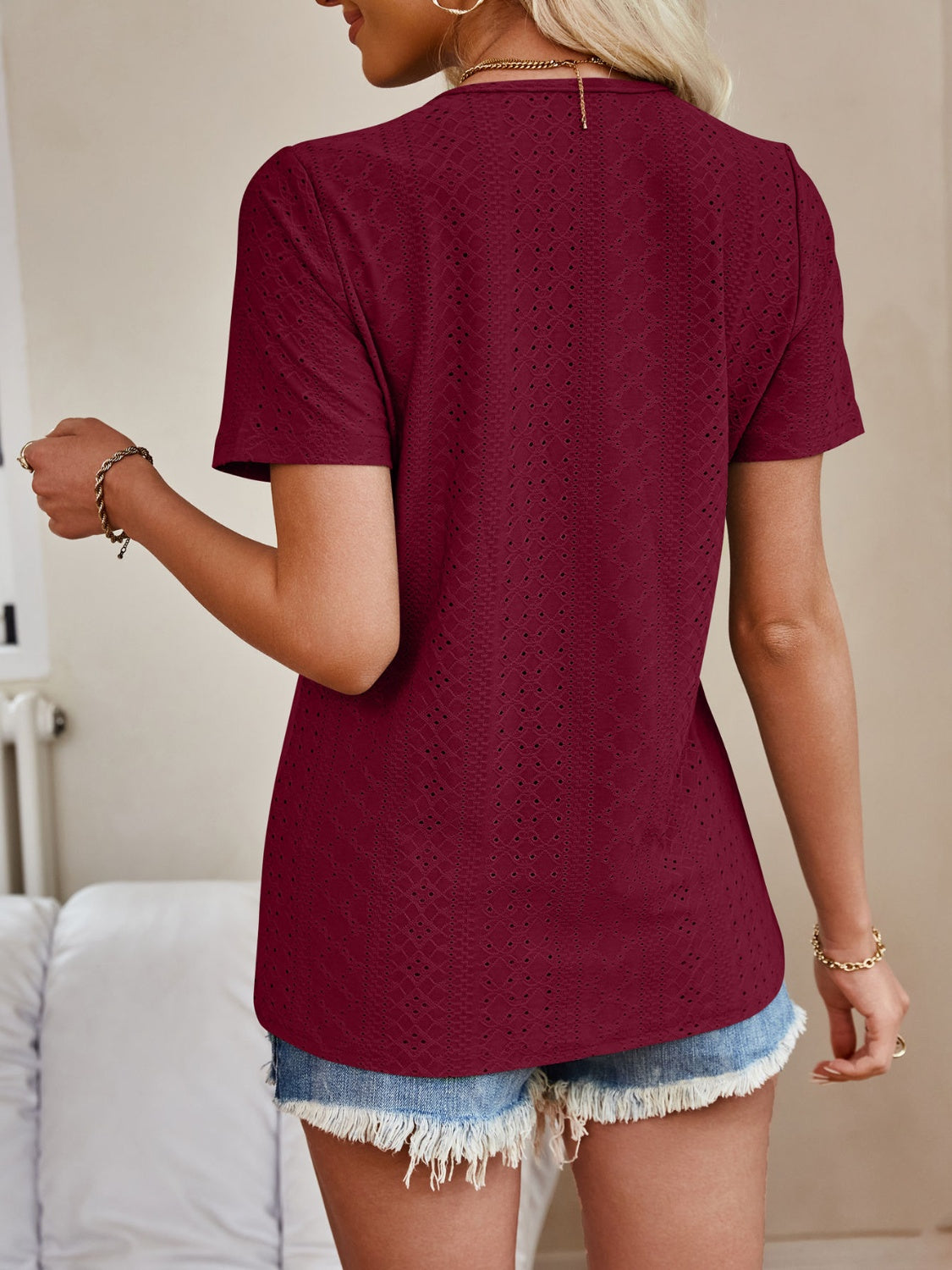 Eyelet V-Neck Short Sleeve Top Tops JT's Designer Fashion