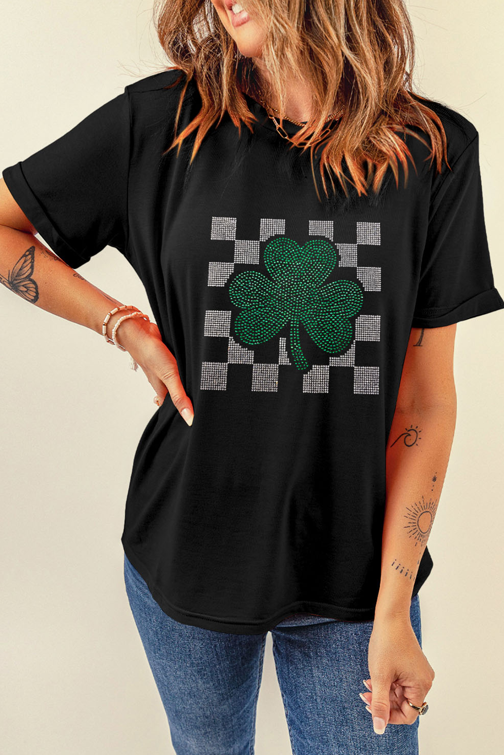 Black Clover Checkered Rhinestone Crew Neck T Shirt Graphic Tees JT's Designer Fashion