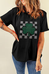 Black Clover Checkered Rhinestone Crew Neck T Shirt Graphic Tees JT's Designer Fashion